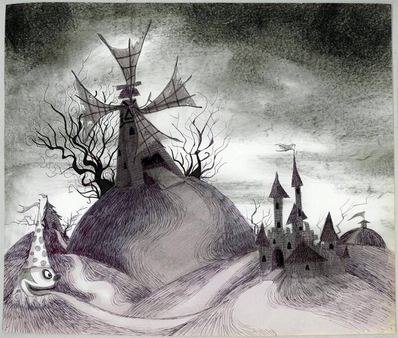 Dark fantasy landscape with windmill