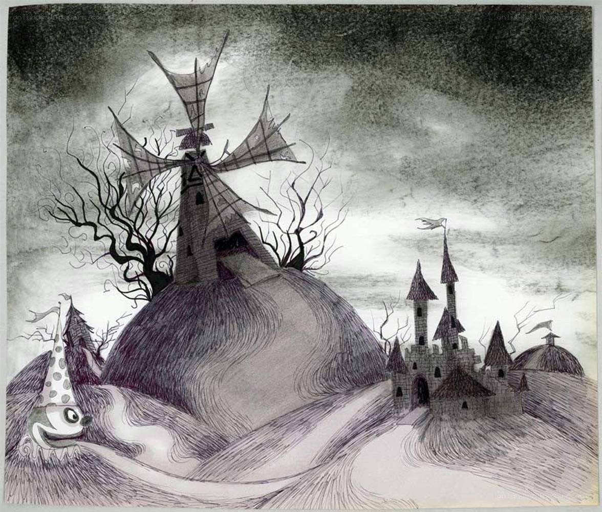 Dark fantasy landscape with windmill