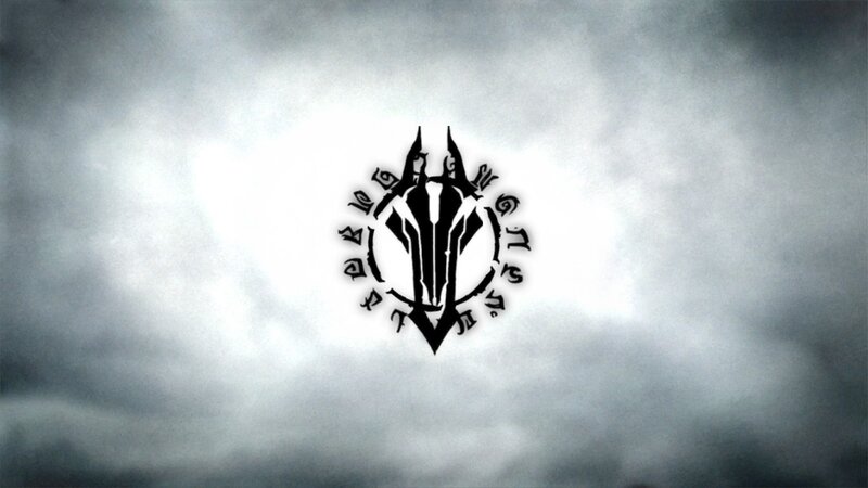 dark fantasy logo on cloudy sky