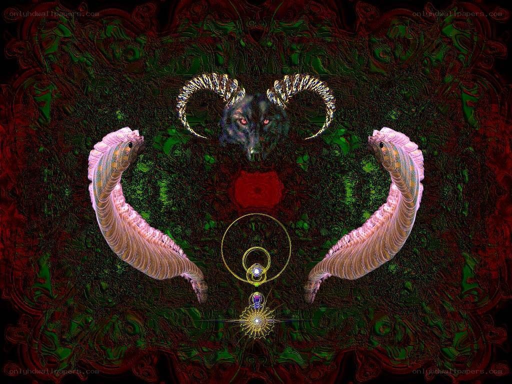 Dark fantasy ram with serpents