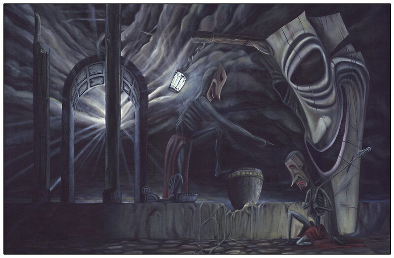 Dark fantasy scene with masked figures