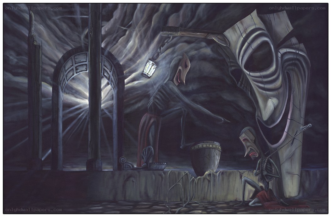 Dark fantasy scene with masked figures