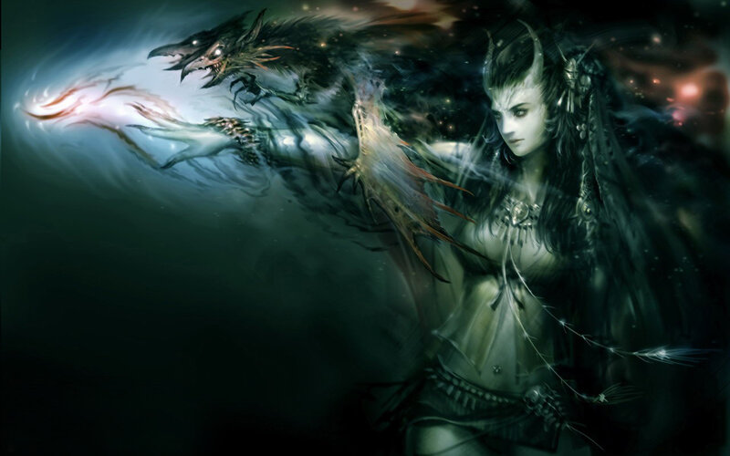 dark fantasy sorceress with dragon