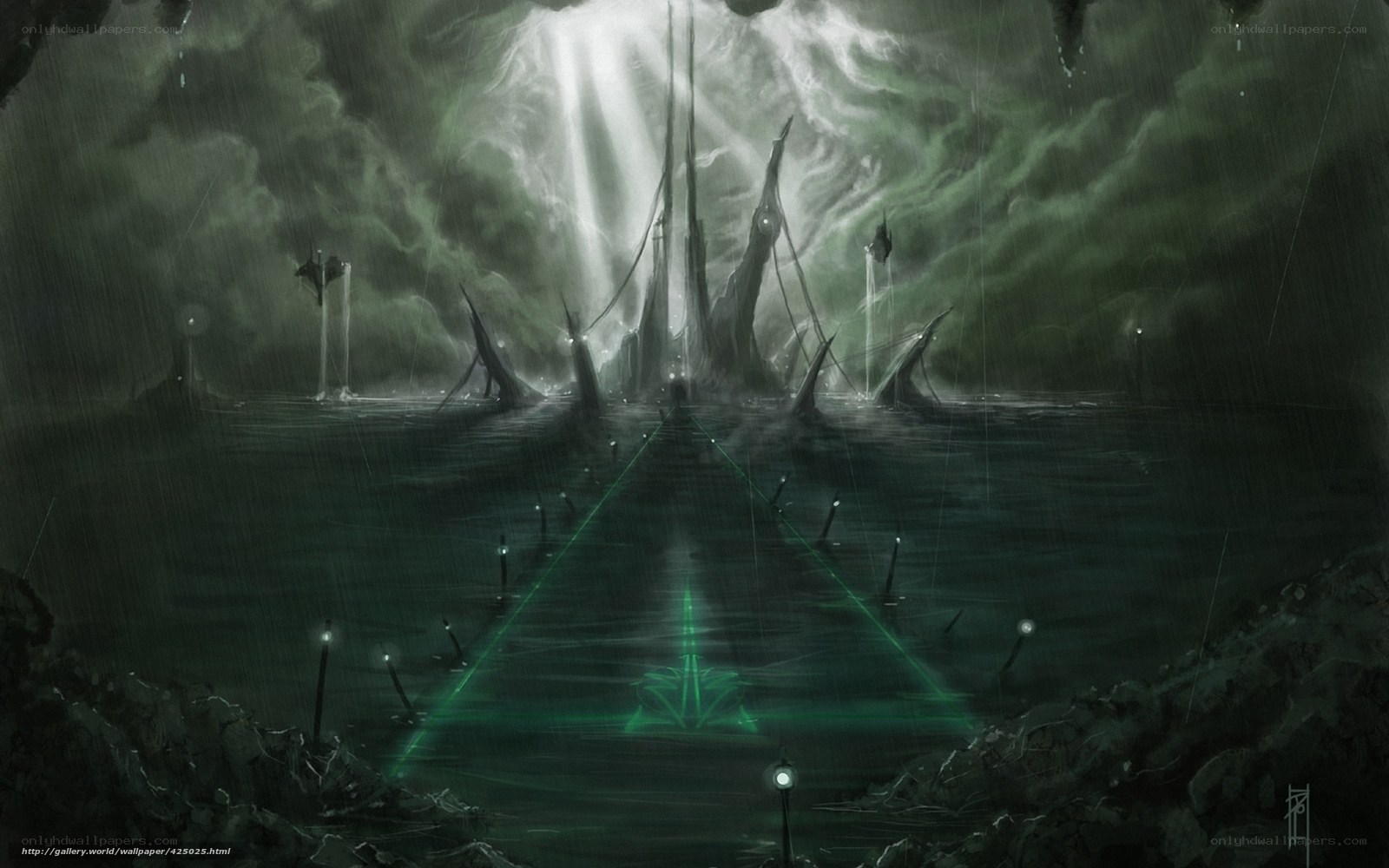 Dark fantasy temple under storm