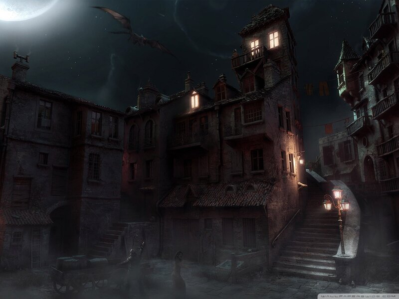 Dark fantasy town at night