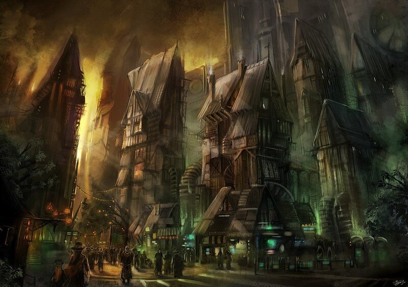 dark fantasy town at night
