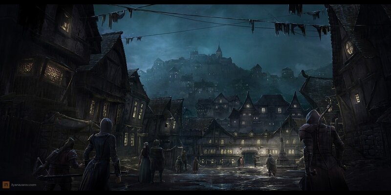 Dark fantasy village at night