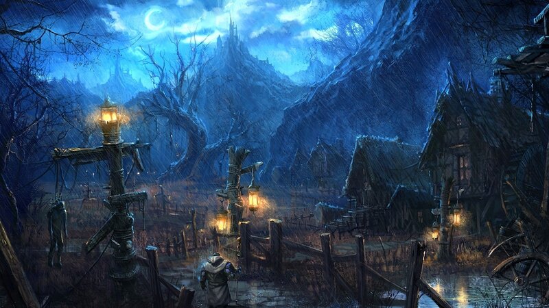 Dark fantasy village at night