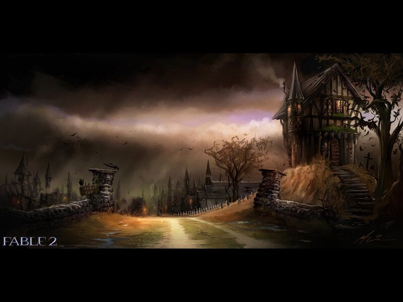 Dark fantasy village scene