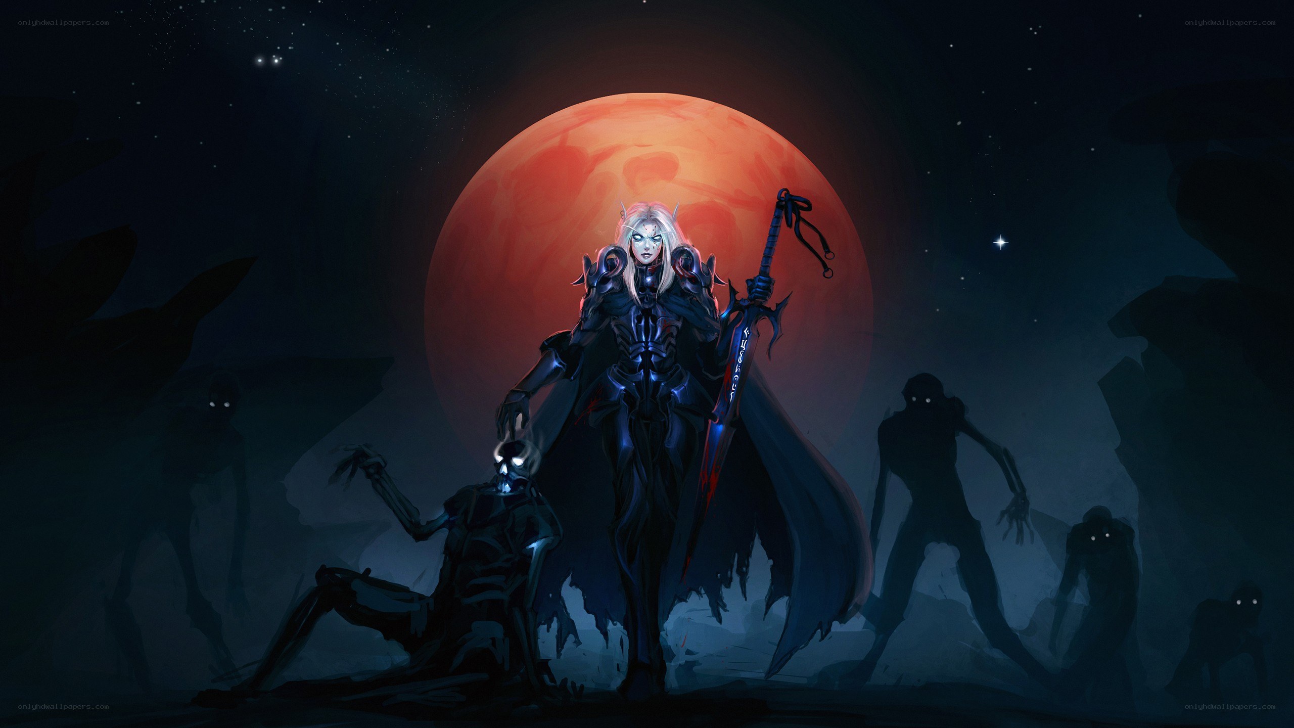 dark fantasy warrior with red moon