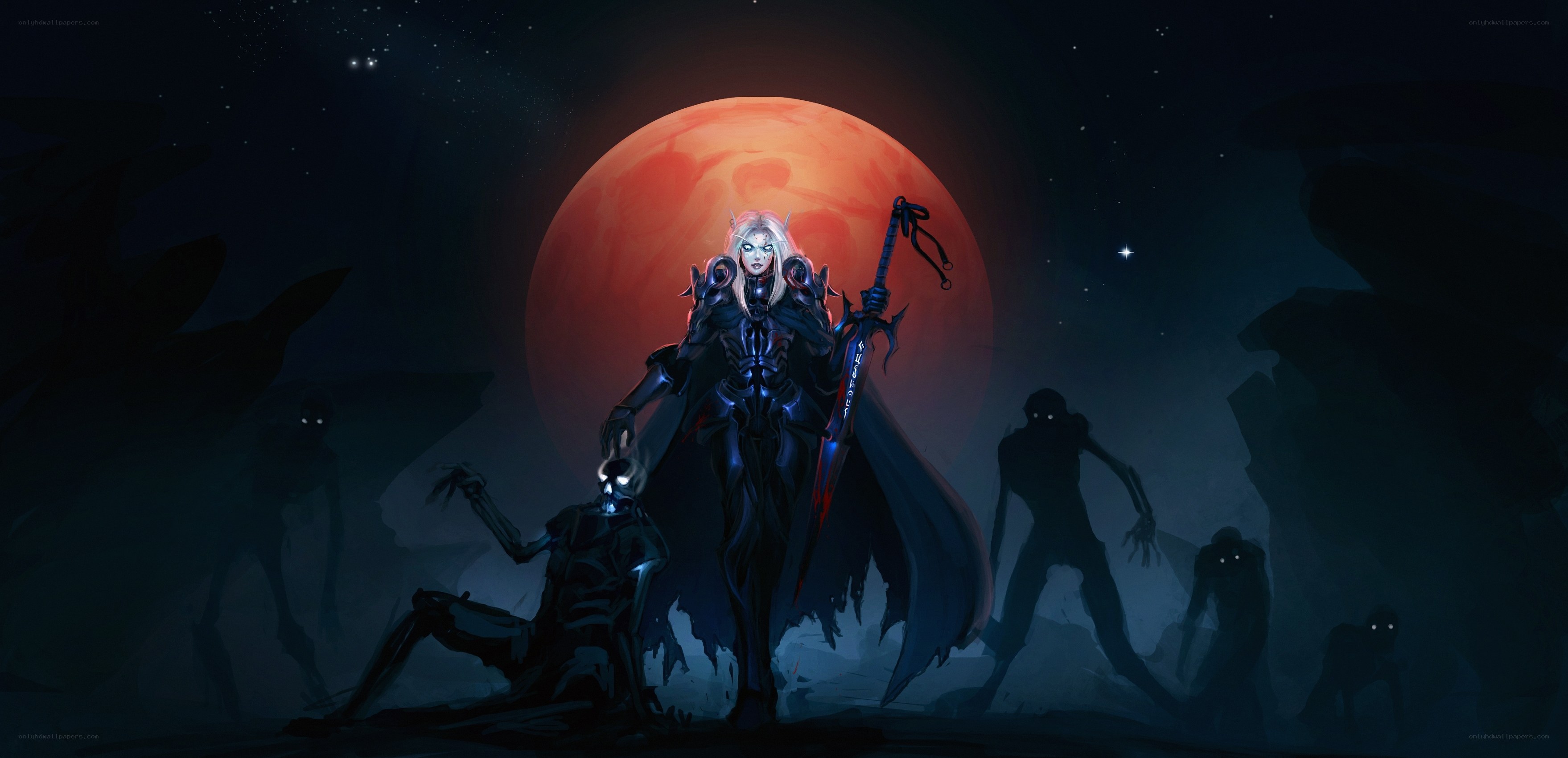 dark fantasy warrior with red moon
