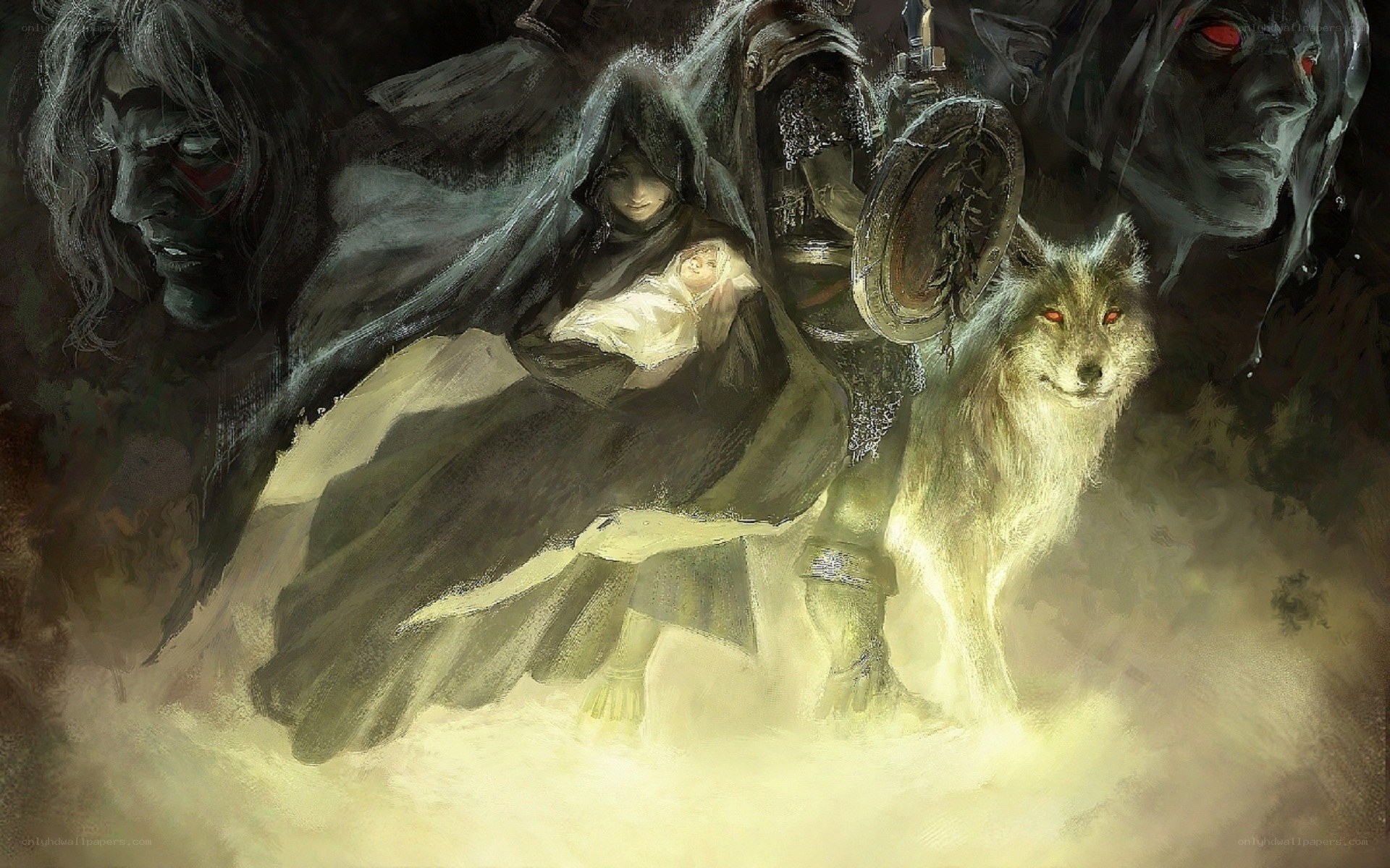 Dark fantasy warrior with wolf