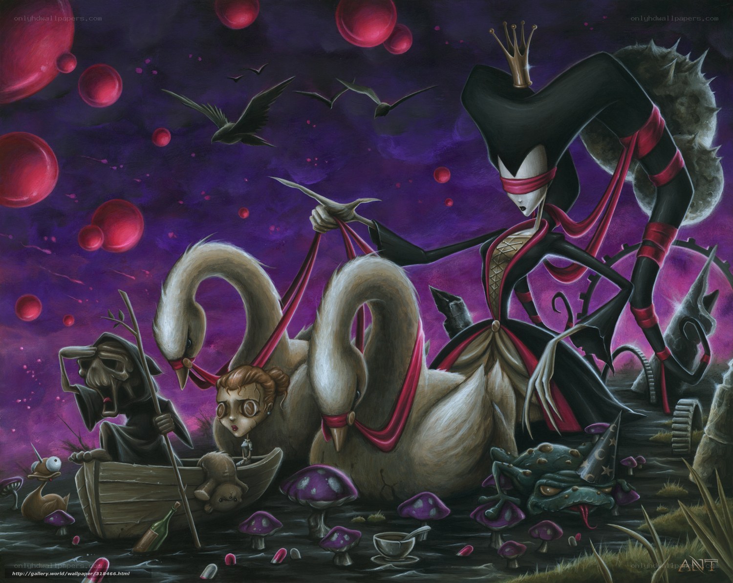 Dark fantasy with swans and queen