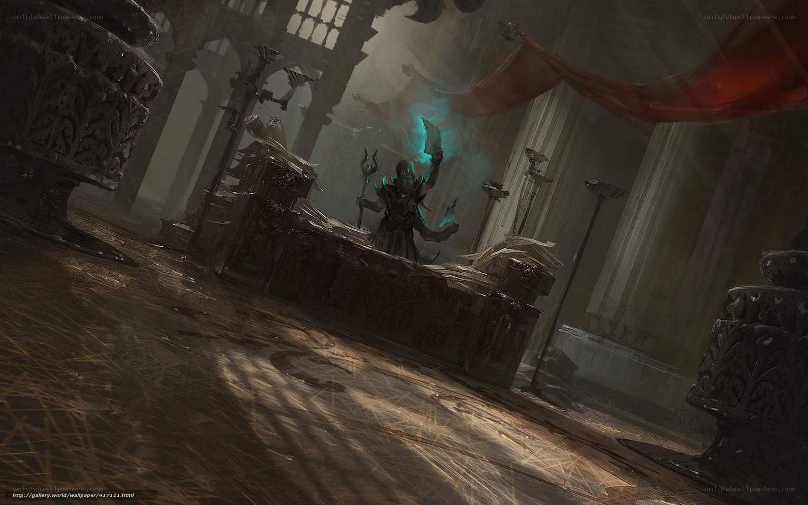 Dark fantasy wizard in a ruined hall