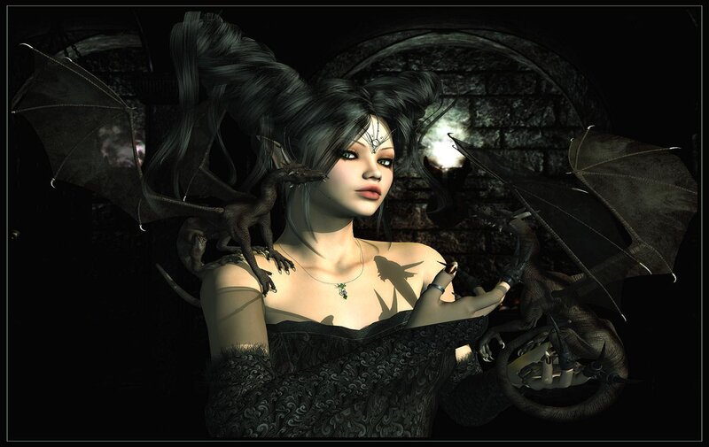 dark fantasy woman with dragons