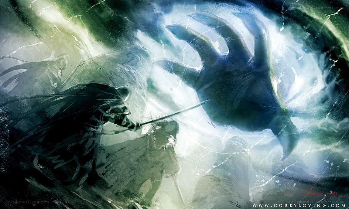 Dark figure confronts a giant hand