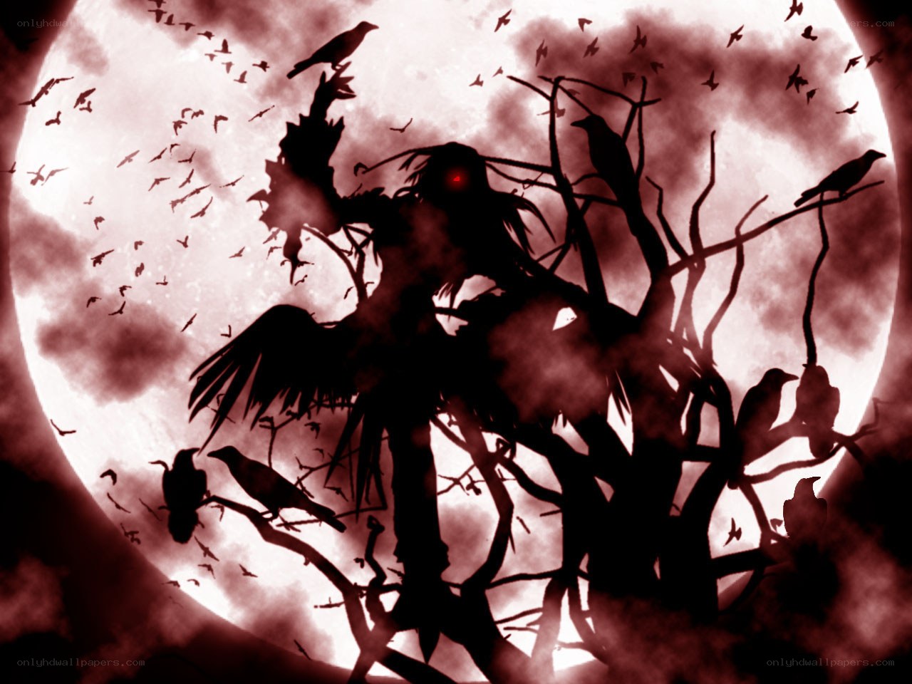 Dark figure in a crow-filled sky