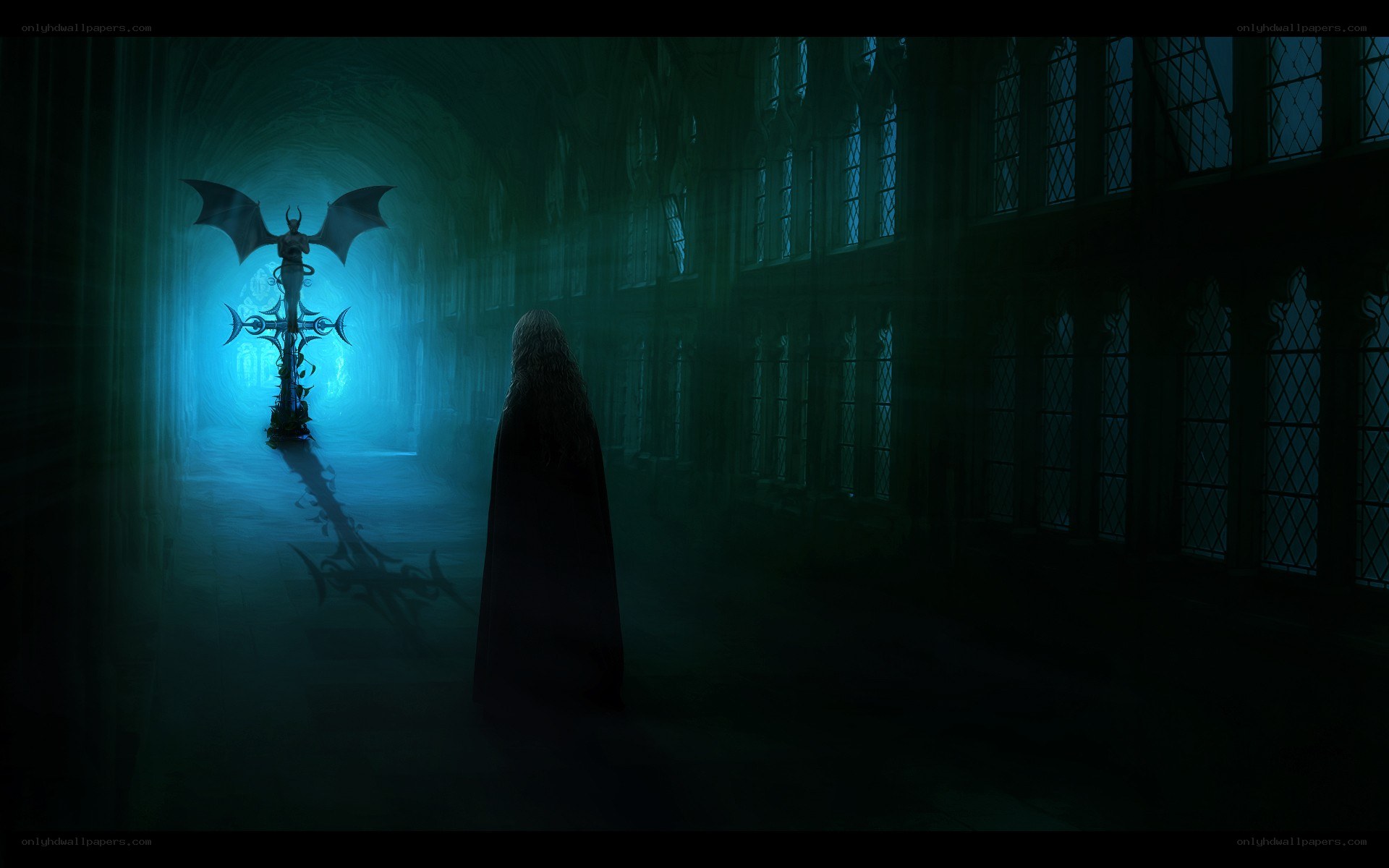 Dark figure in a gothic hall