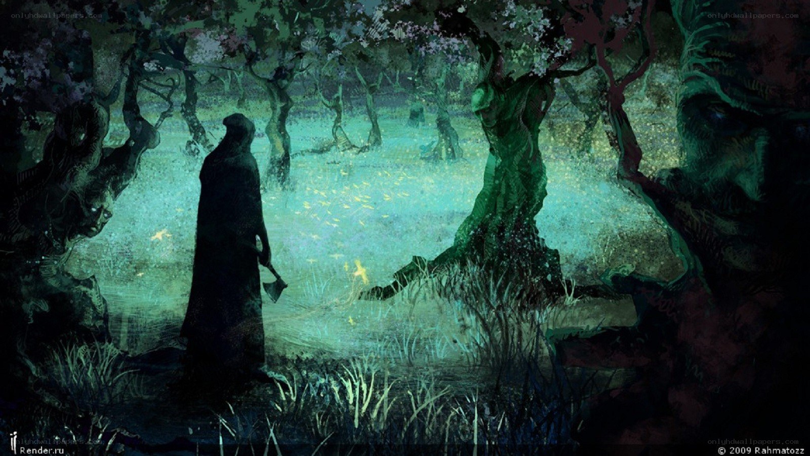 Dark figure in a mystical forest