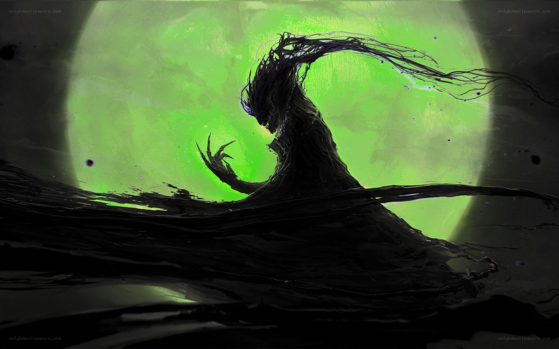dark figure in green moonlight