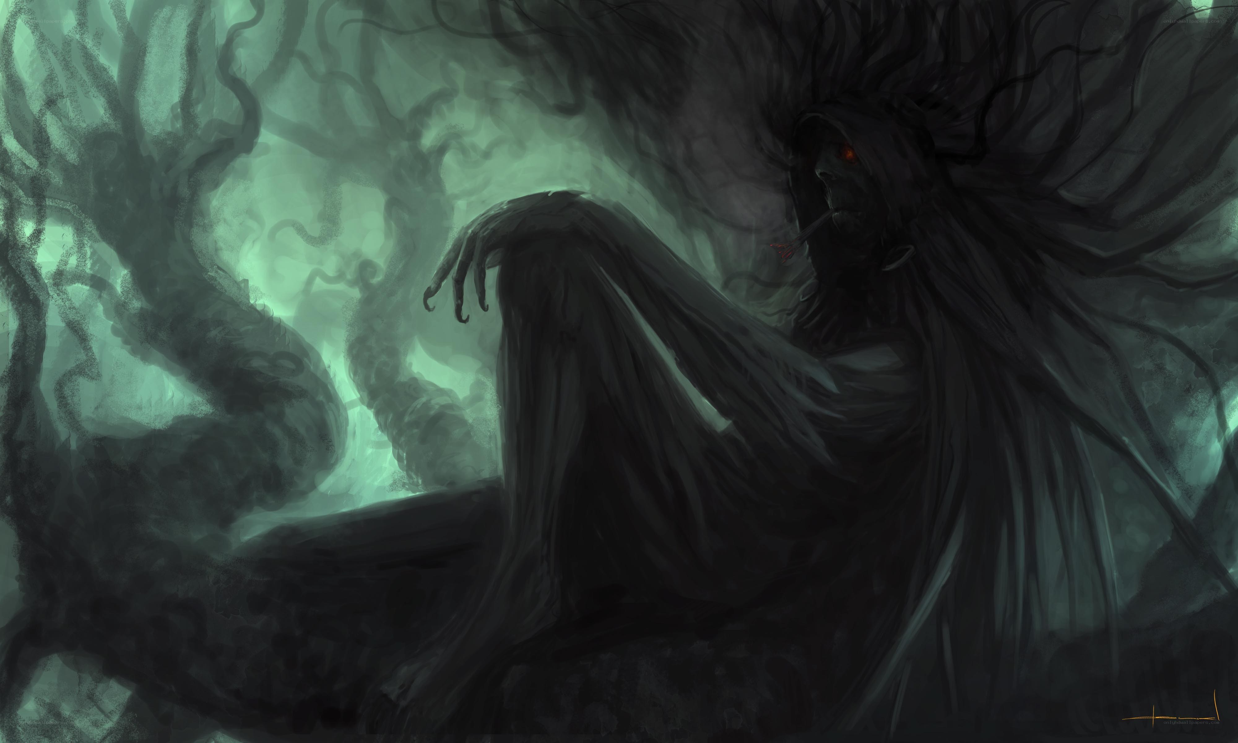 dark figure in misty forest