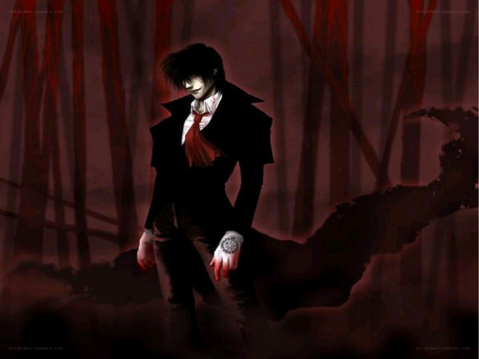 dark figure in red forest