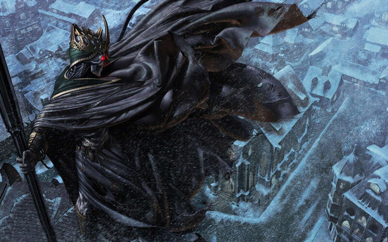 Dark figure in snowy city