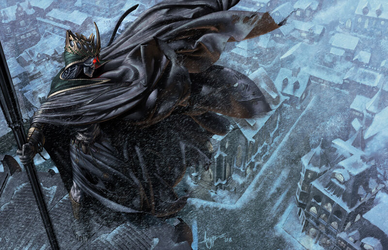 Dark figure on snowy rooftop