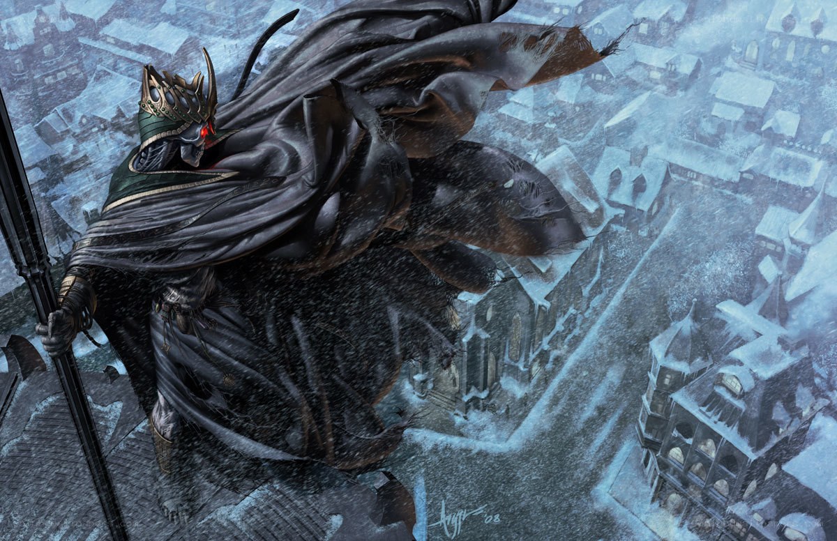 Dark figure on snowy rooftop