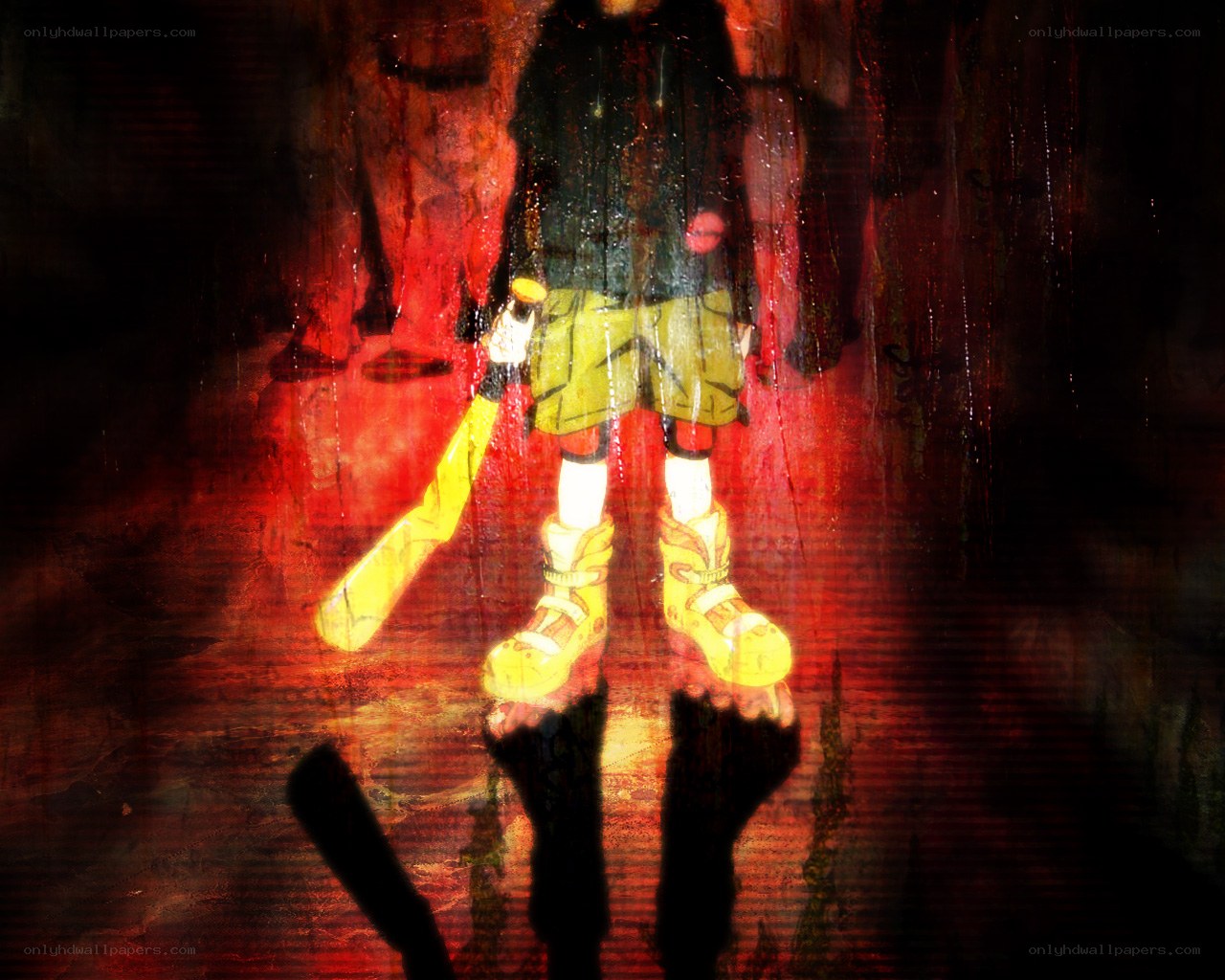 Dark figure with bat in red light