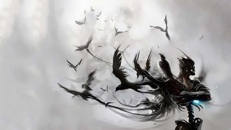 Dark figure with birds