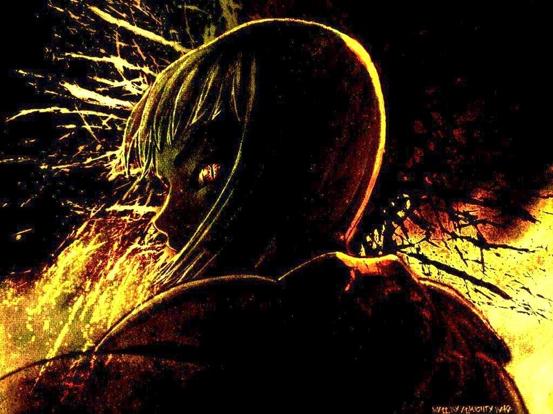 dark figure with glowing eyes