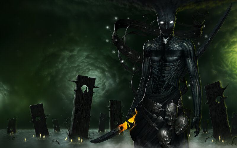 Dark Figure with Glowing Eyes — Black, Dramatic, Night
