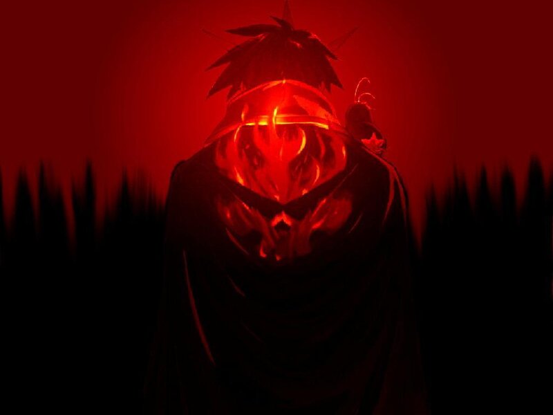 dark figure with glowing red mask