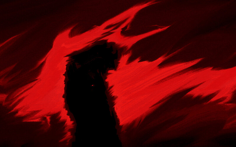 dark figure with red wings