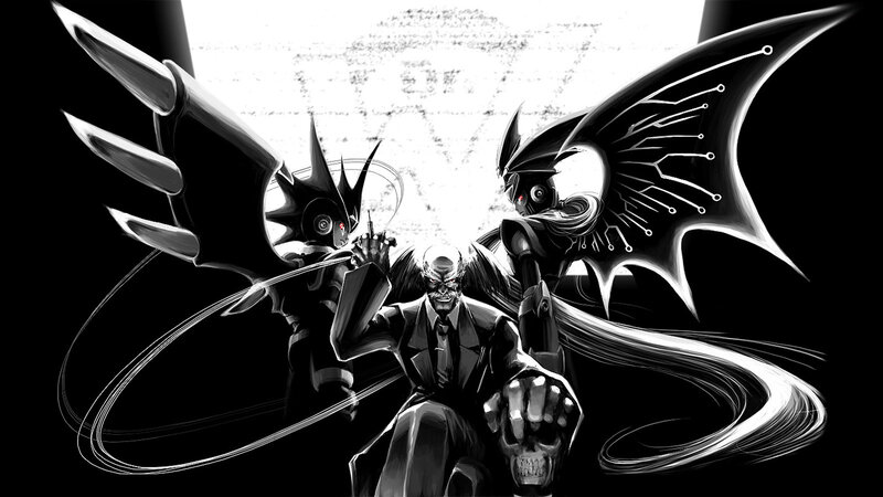 Dark figure with robotic wings