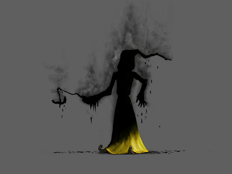 dark figure with yellow skirt