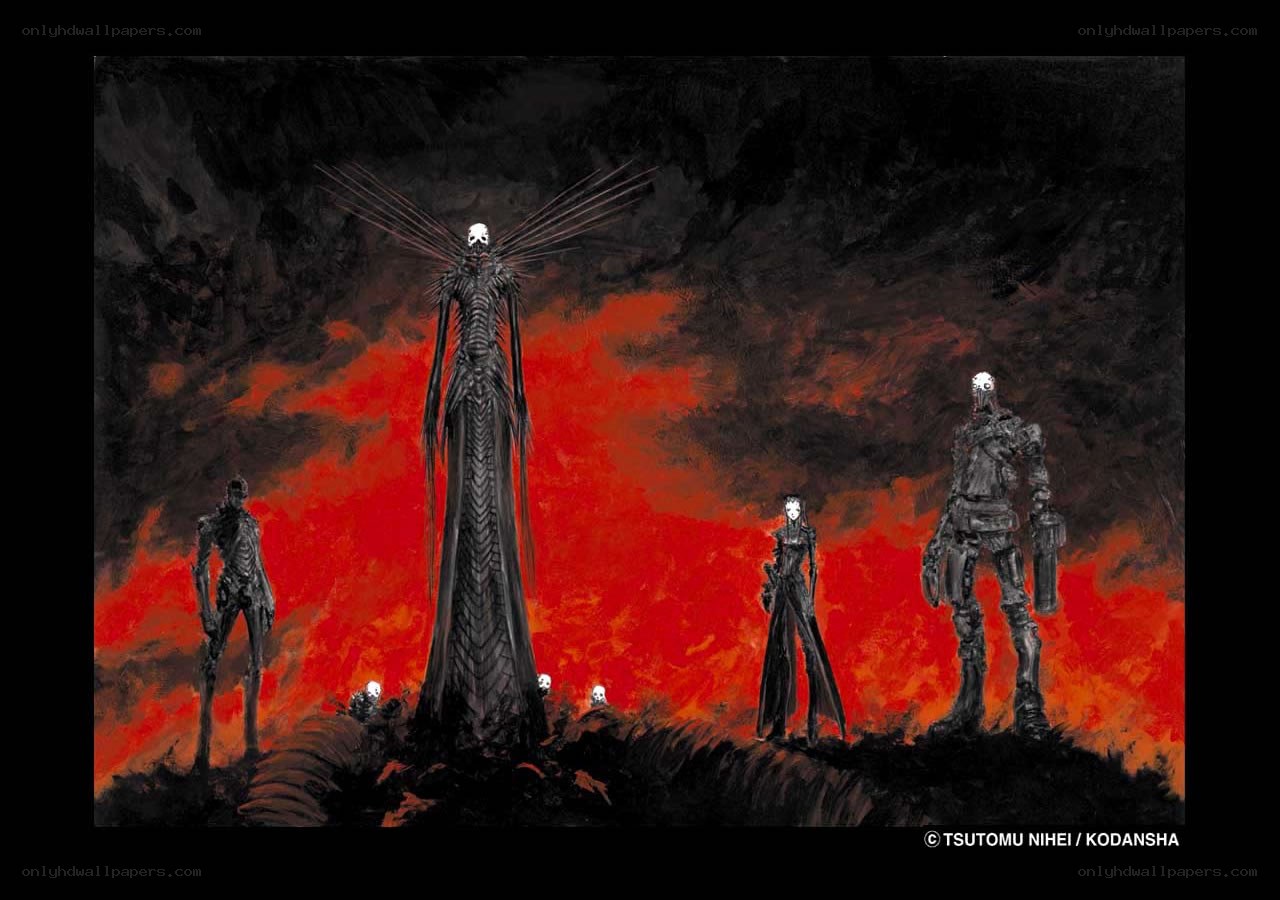 Dark figures in a fiery landscape