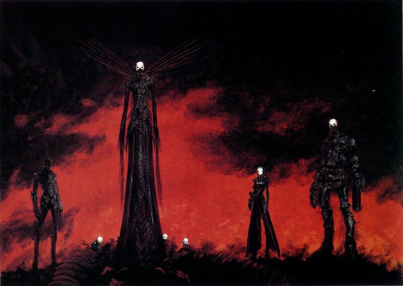 Dark figures in a fiery landscape