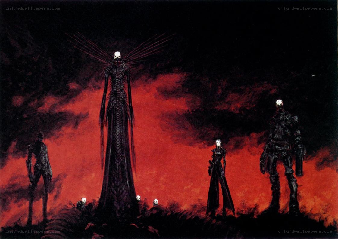 Dark figures in a fiery landscape
