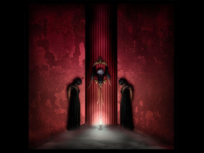 Dark figures in a red corridor