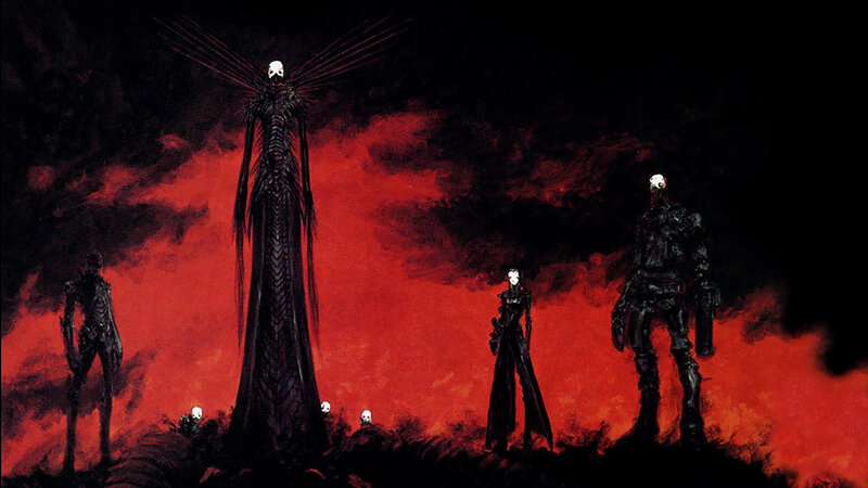 Dark figures in a red landscape