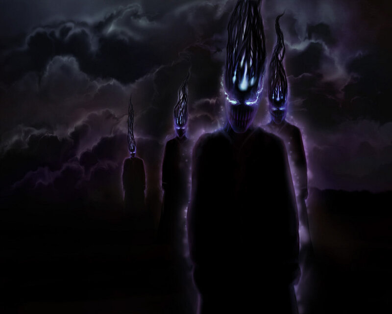 dark figures in stormy sky