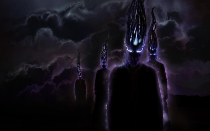 dark figures in stormy sky