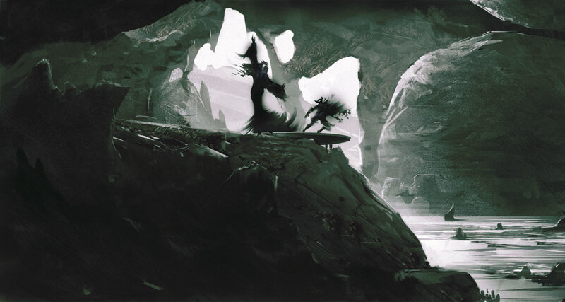 Dark figures on a cliff edge