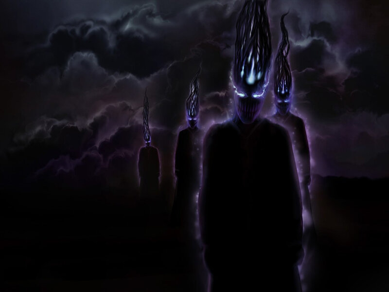 dark figures with glowing eyes