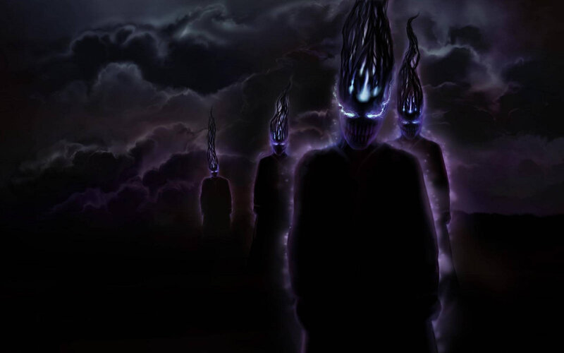 dark figures with glowing eyes