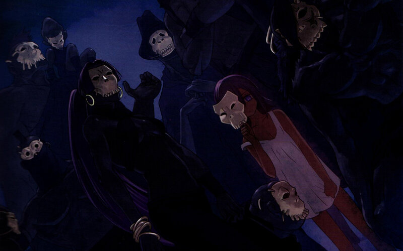 Dark figures with skull masks
