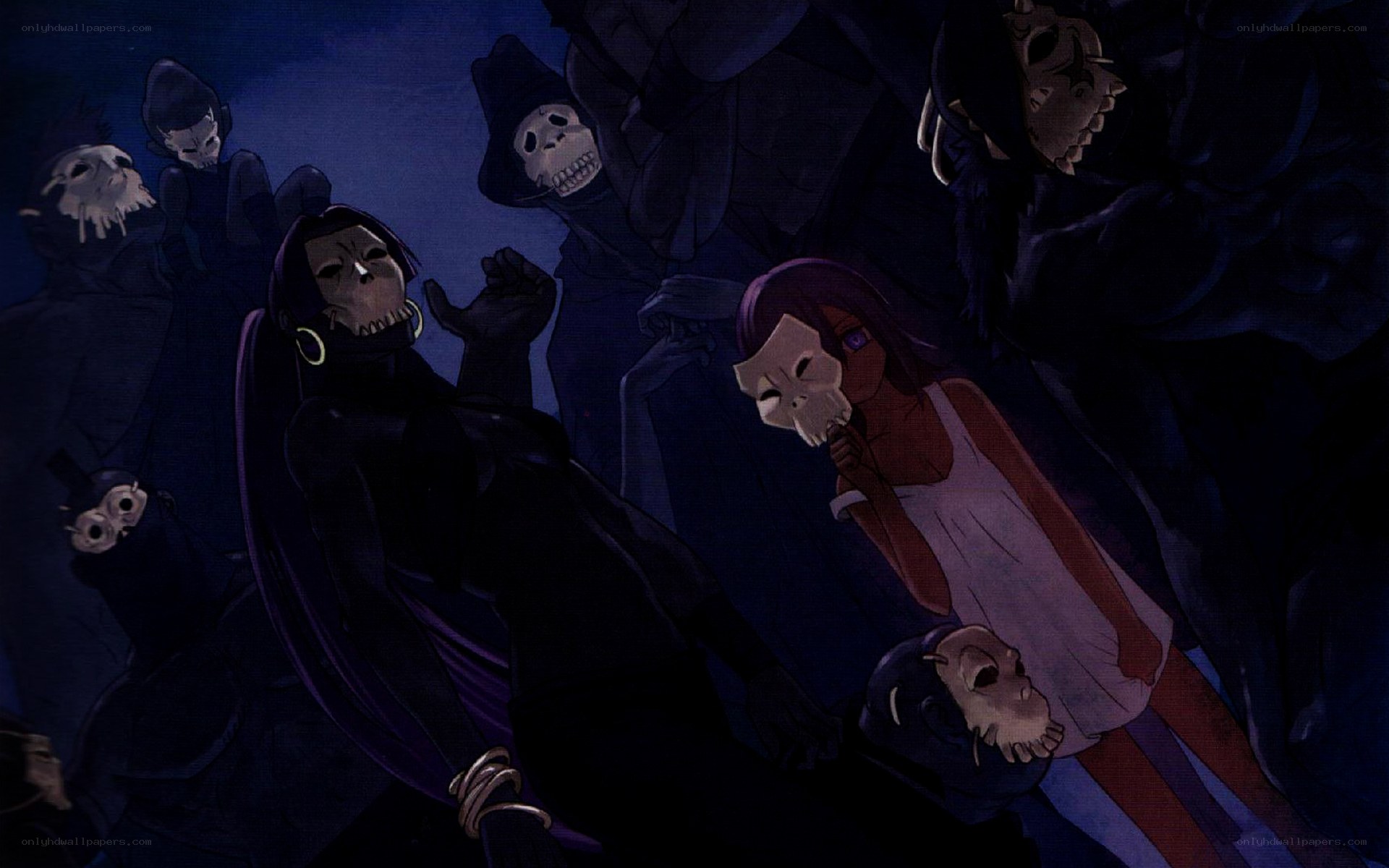 Dark figures with skull masks