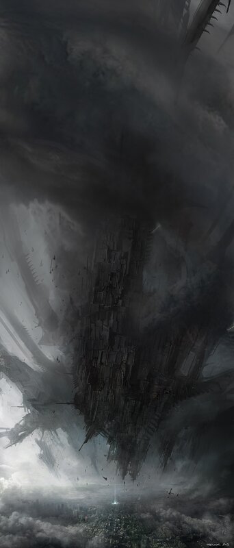 Dark floating city in storm